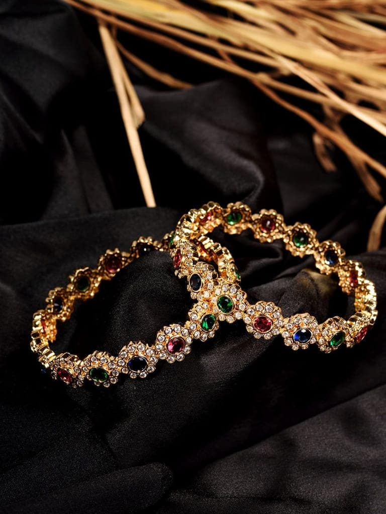 Set of 2 Gold Toned Multi Coloured AD studded Handcrafted Bridal kangan Bangles view 4