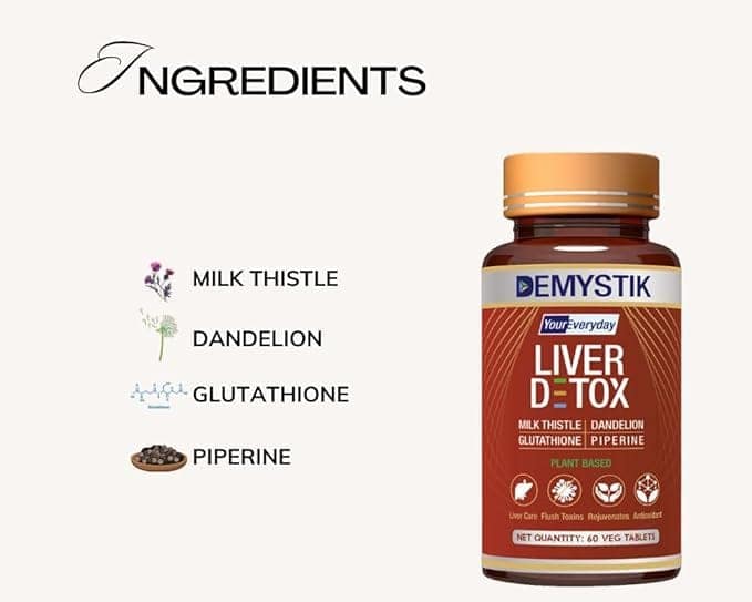 Demystik Plant Based Liver Support Supplement With Milk Thistle, Dandelion, Glutathione & Piperine | Supports Liver function, Digestion & Immunity | For Men & Women - 60 Veg Tablets view 2