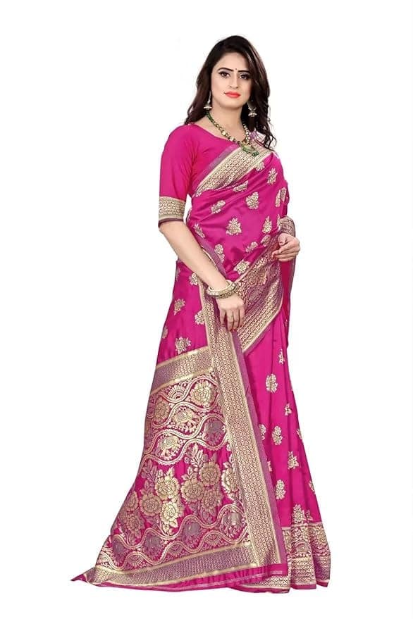 Buy Pink Banarasi Silk Saree With Blouse Piece, Saree Length: 5.50 Mtr, Blouse Length: 0.80 Mtr view 3