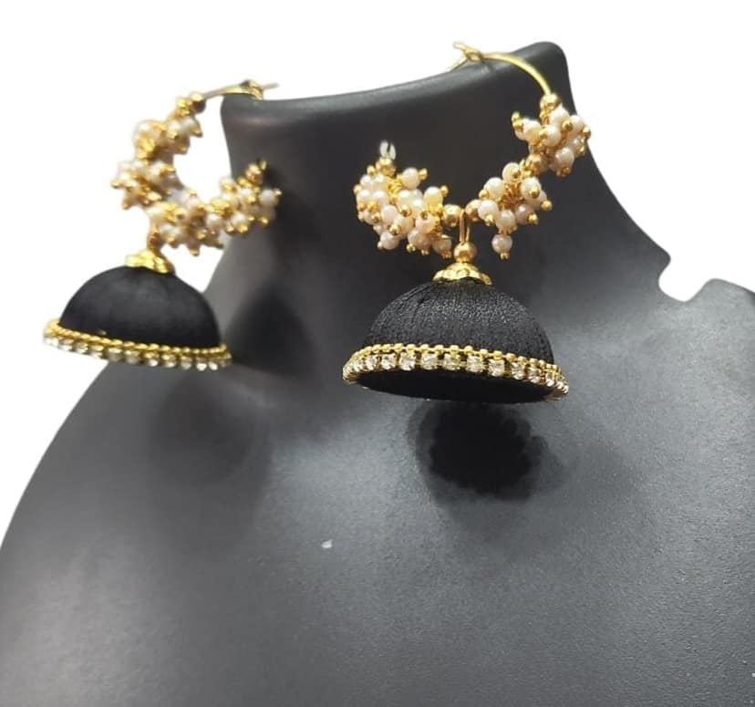 Black Silk Thread Jhumka Earrings with Pearl and Stone Detailing view 2