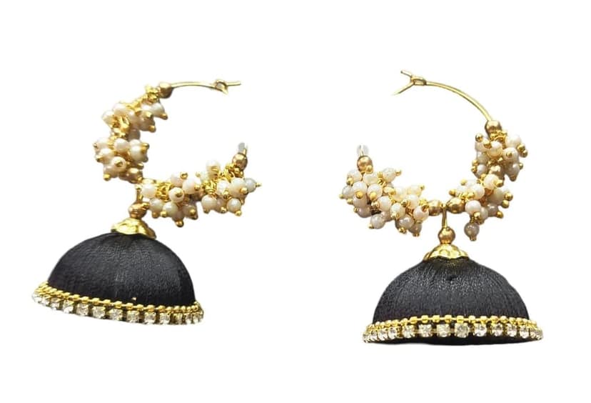 Black Silk Thread Jhumka Earrings with Pearl and Stone Detailing view 3