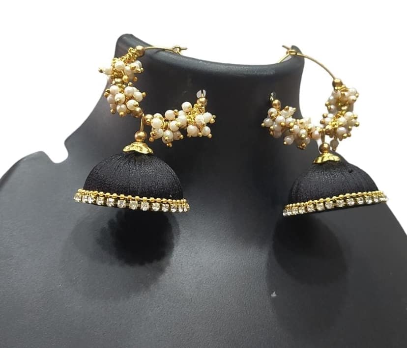 Black Silk Thread Jhumka Earrings with Pearl and Stone Detailing view 4