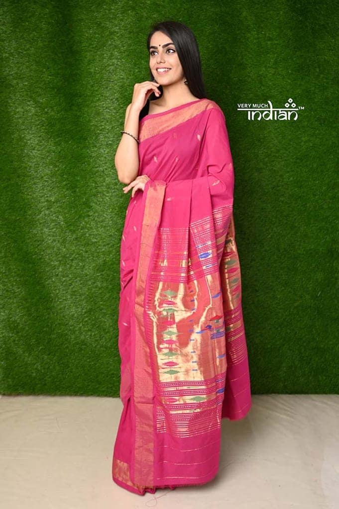 Cotton Handloom Paithani - Bright Pink Colour with Traditional Double Pallu