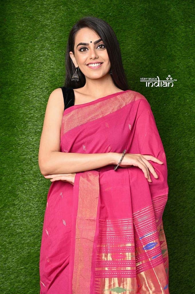 Cotton Handloom Paithani - Bright Pink Colour with Traditional Double Pallu view 2