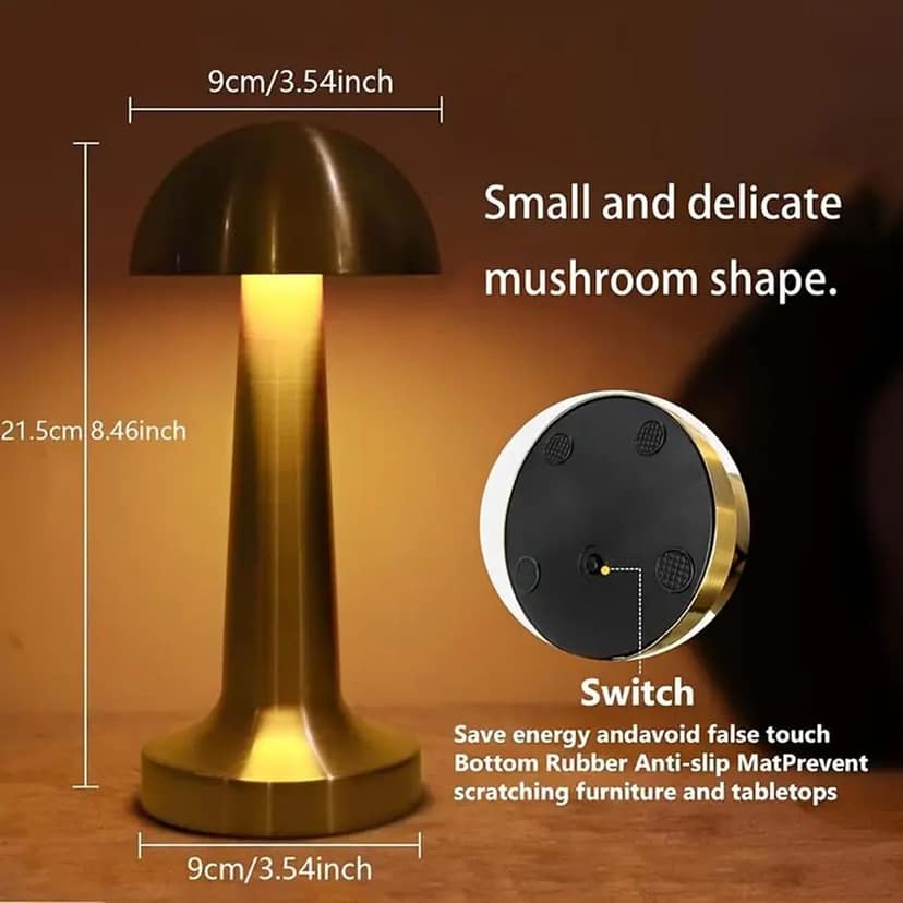 HARBAK,Gold Mushroom Dimmable Rechargeable Table Lamp with 3-Colour Light view 4