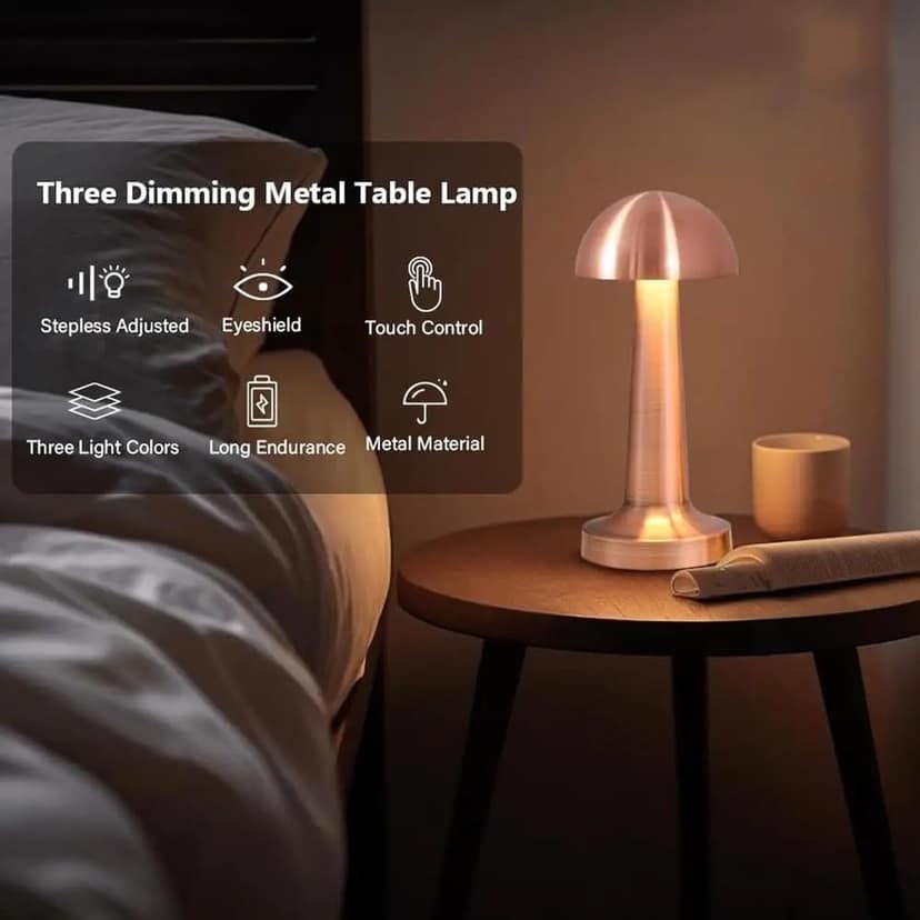 HARBAK,Gold Mushroom Dimmable Rechargeable Table Lamp with 3-Colour Light view 5