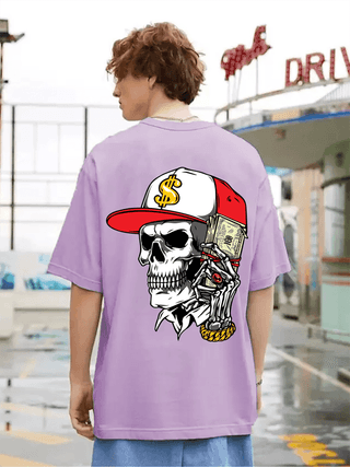 SCOTT FINCHER Men's Streetwear Hip Hop T-Shirt with Skull Graphic and Money Print in Purple : AA(ARN)LAVANDER_196