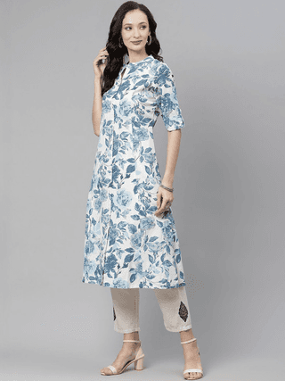 Generic Women's Cotton Printed Floral Print Kurti (White, Blue, Cotton)