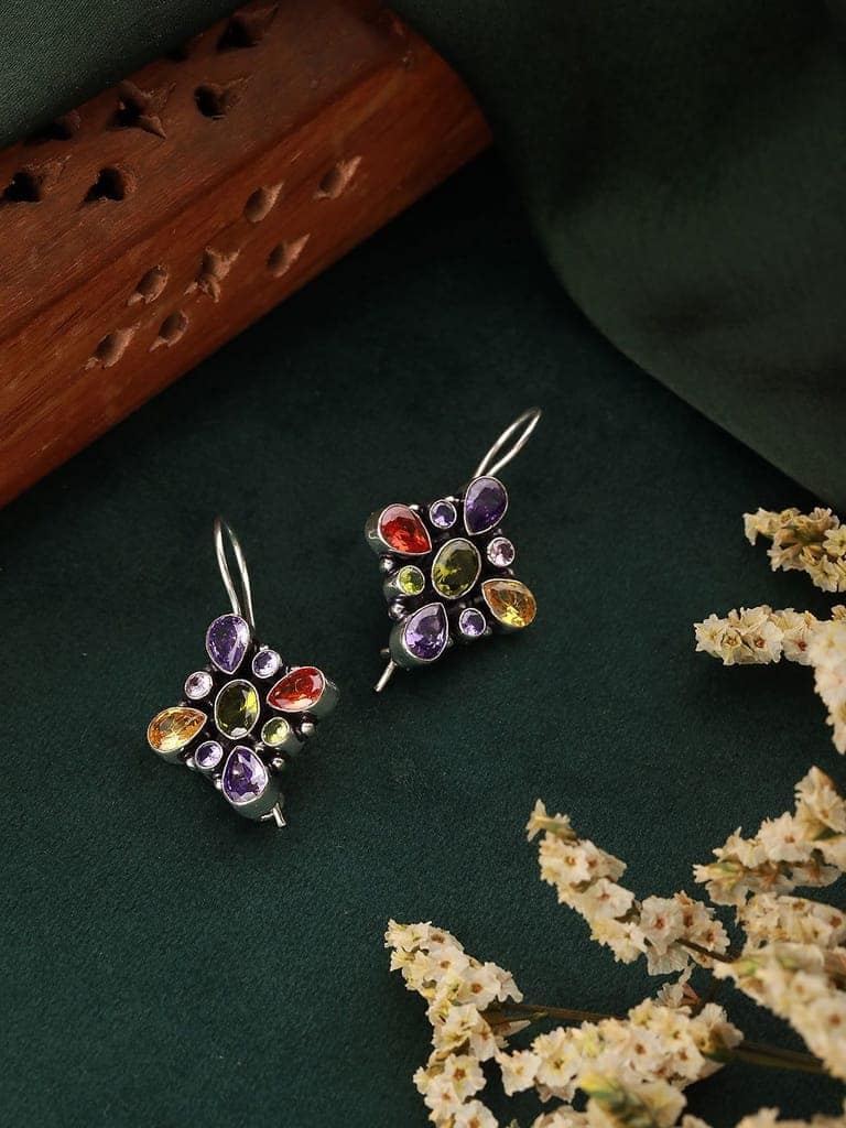Silver plated Multi CZ Statement Minimal Officewear Hook Earring view 4