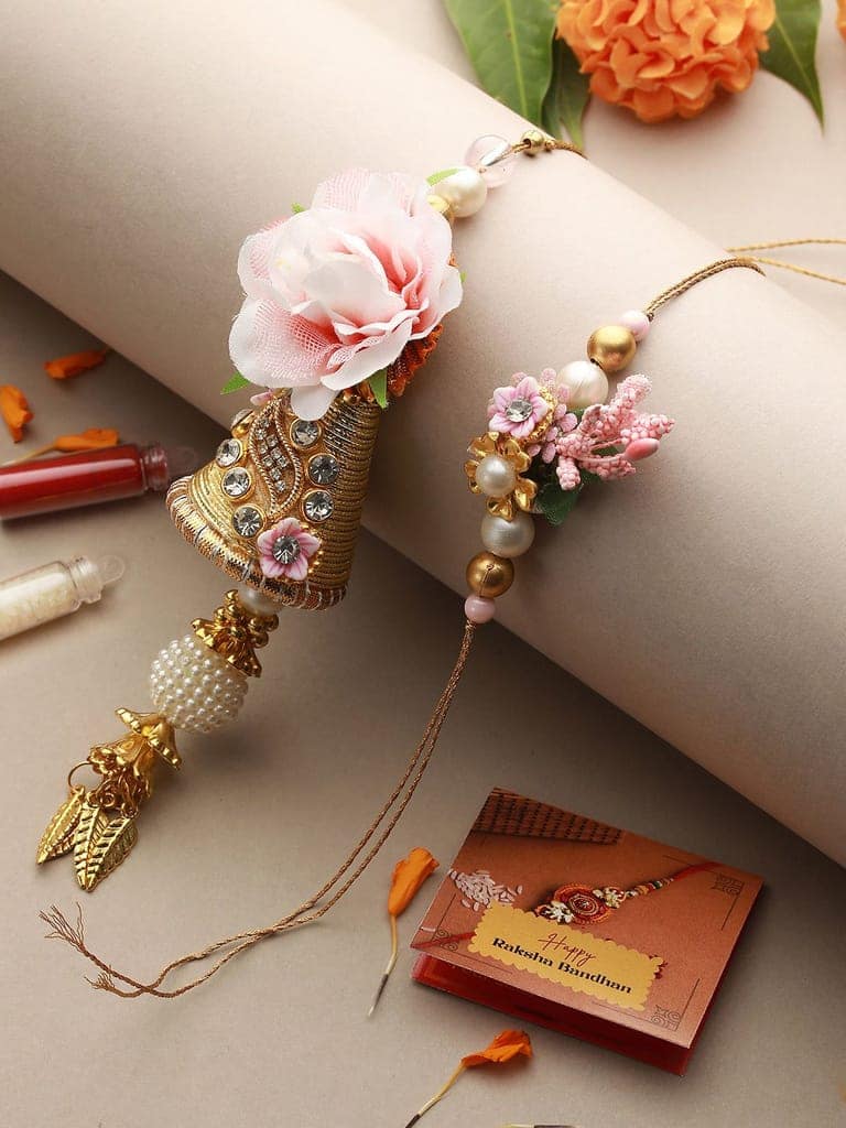 Set Of 2 Pink Flower & Pearl Beaded Handmade Rakhi Lumba Set view 2