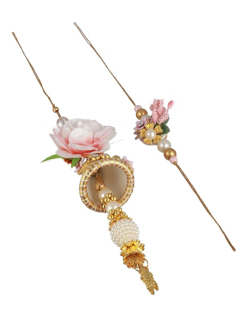 Set Of 2 Pink Flower & Pearl Beaded Handmade Rakhi Lumba Set view 4