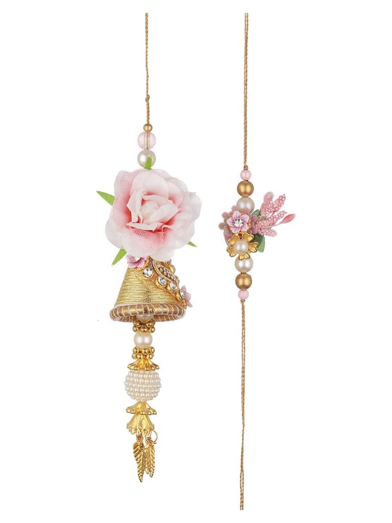 Set Of 2 Pink Flower & Pearl Beaded Handmade Rakhi Lumba Set view 5