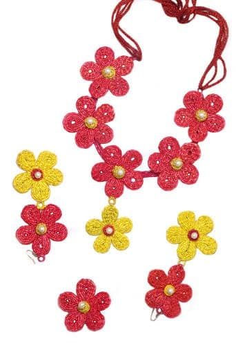 OneStoreIndia Handmade Artificial Floral Necklace Set with Maangtika and A Pair of Beautiful Earrings for Girls & Women(Wedding/Haldi/Mehendi or Special Occasions). (Flower Jewellery - 1) view 2