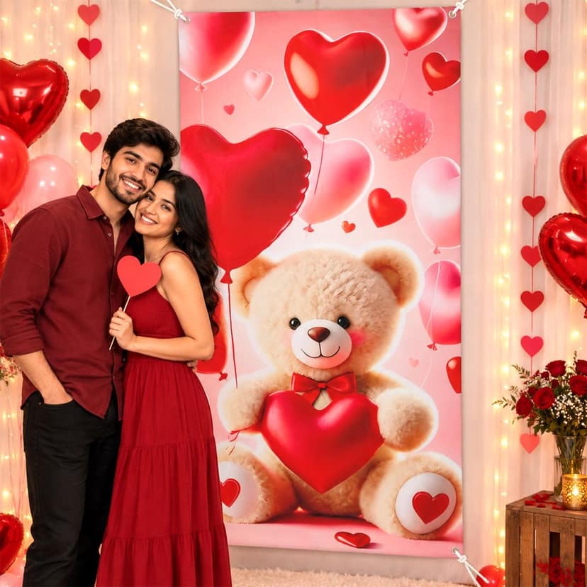 Teddy Bear and Heart Backdrop Curtain for Romantic Party Decoration (210x100 Cm) view 2