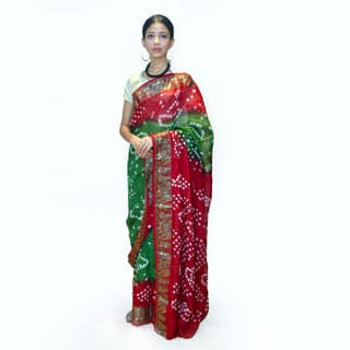 Tribes India Handwoven Green Bandej Flowring Saree