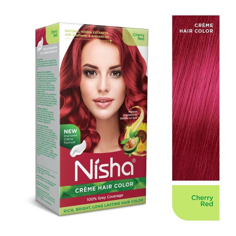Nisha Creme Hair Color Cherry Red 120g, Permanent Hair Colour with Natural Henna Extracts, 100% Grey Coverage view 3