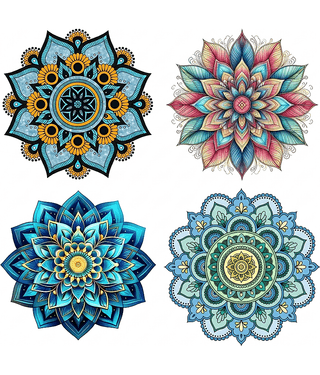 Colorful Mandala Flower Floor Rangoli Floor Sticker, Wall Stickers, Set of 4, 10 Inch Each, Boho Floral Decor Self Adhesive Sticker (Pack of 4)