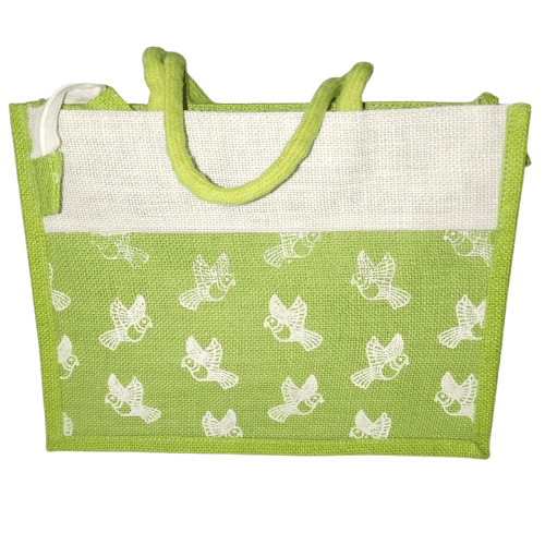 Jute bag with butterfly print green and white view 2
