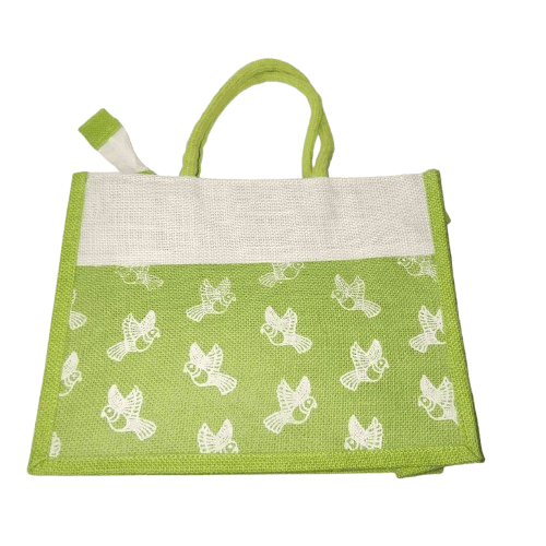 Jute bag with butterfly print green and white view 3