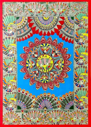 Traditional Madhubani Painting – Mandala with Peacocks and Floral Motifs