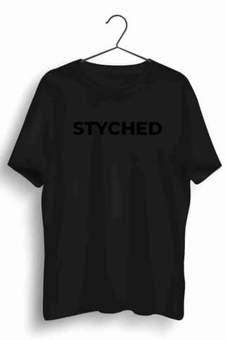 Styched Font Graphic Printed Mens Round Neck All Black Cotton Tshirt