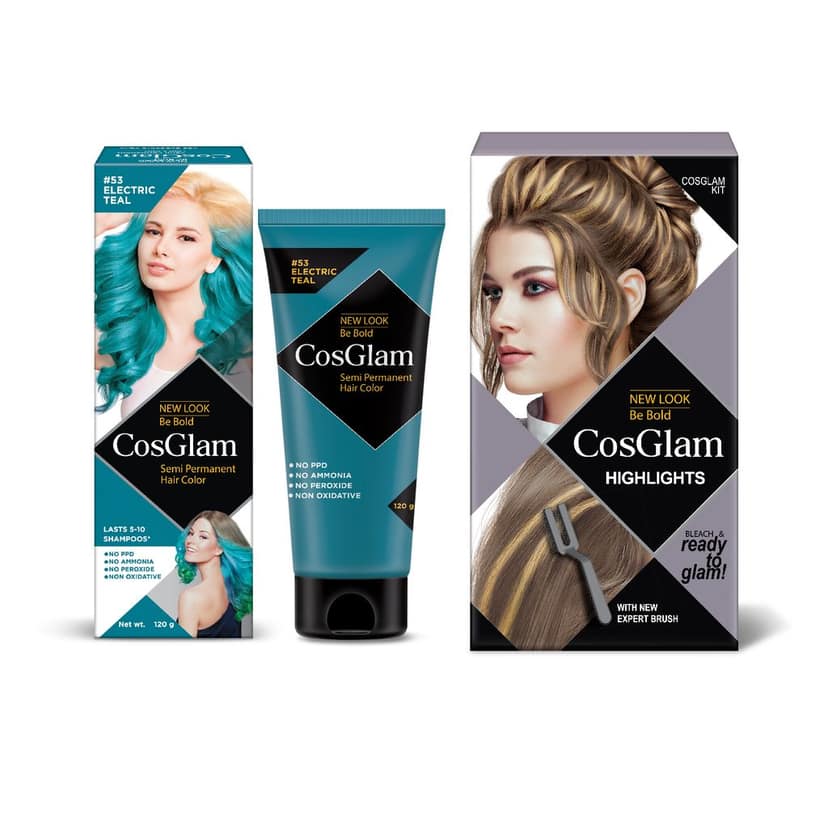 COSGLAM Semi Permanent Hair Color Electric Teal 120g and Hair Highlighter Kit 115g, Highlights Hair Dye