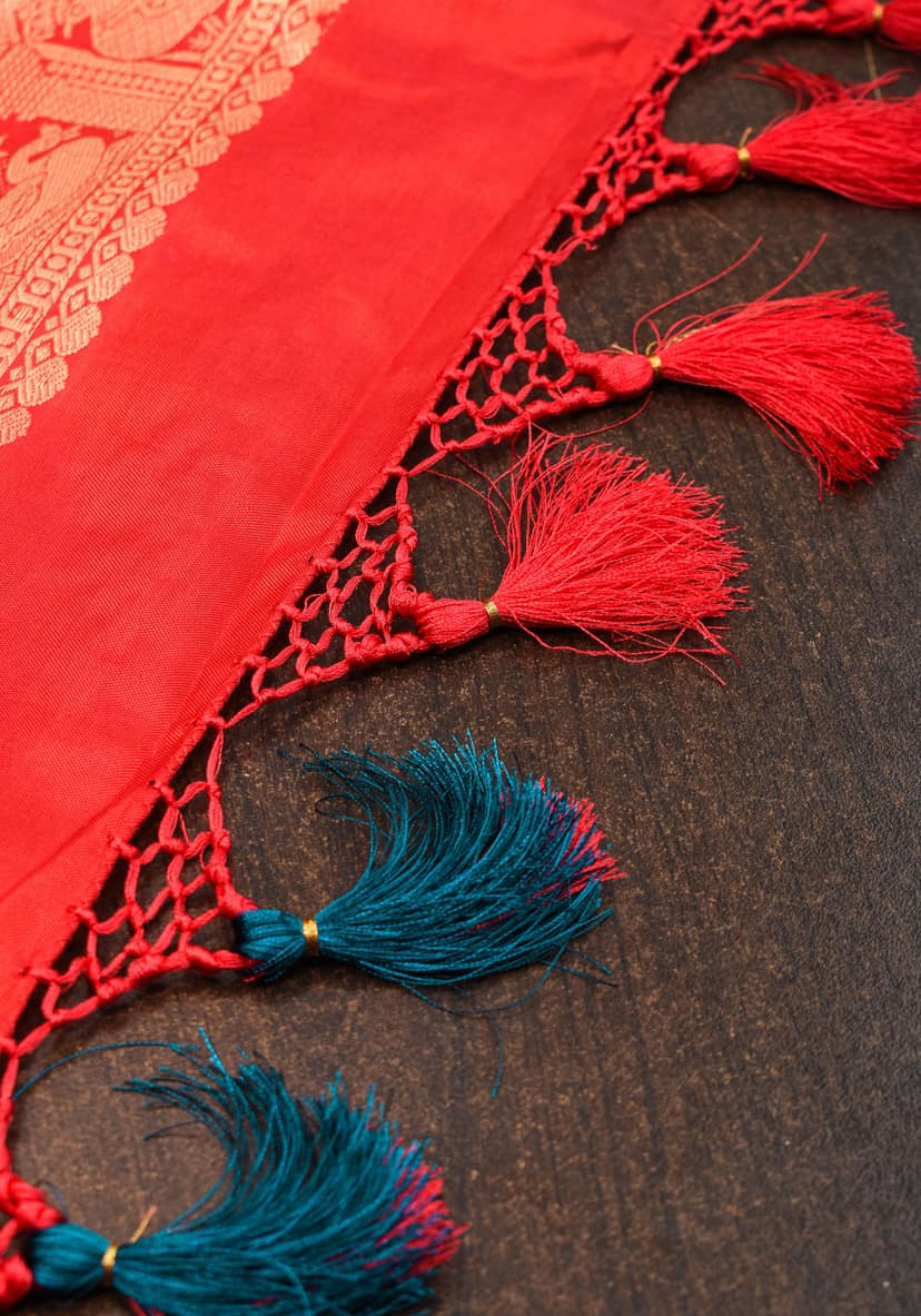 Ikkat Kanjivaram Fusion Silk Saree in Peacock Blue & Red with Wide Zari Border | SILK MARK CERTIFIED view 6