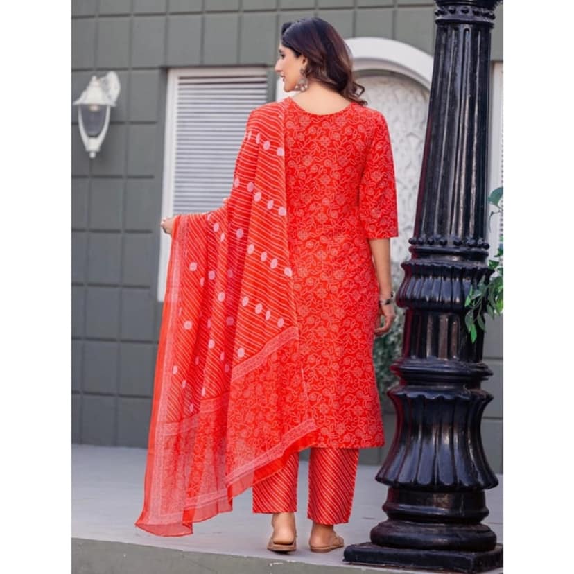 womens cotton blend printed kurti with pant dupatta set orange pid63064 view 2