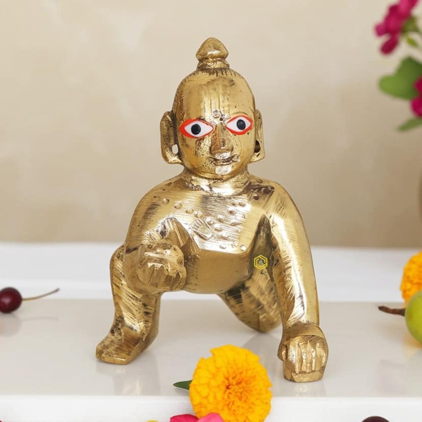 Brass Laddu Gopal God Idol Statue - Bal Krishna Home Decor, Height : 3 Inch (BSMAS871 A)