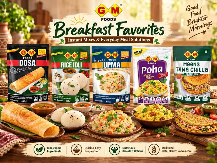 GM Foods 5-Day Breakfast Combo Pack of 5 | Dosa Mix, Rice Idli, Vegetable Upma & Moong Tawa Chilla 400g Each + Poha Khatta Meetha 500g | Ready to Cook Indian Breakfast Variety Pack | Total 2.1kg view 2