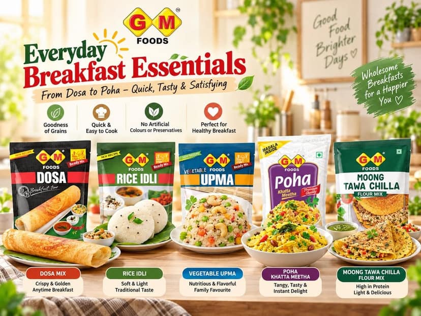 GM Foods 5-Day Breakfast Combo Pack of 5 | Dosa Mix, Rice Idli, Vegetable Upma & Moong Tawa Chilla 400g Each + Poha Khatta Meetha 500g | Ready to Cook Indian Breakfast Variety Pack | Total 2.1kg view 3