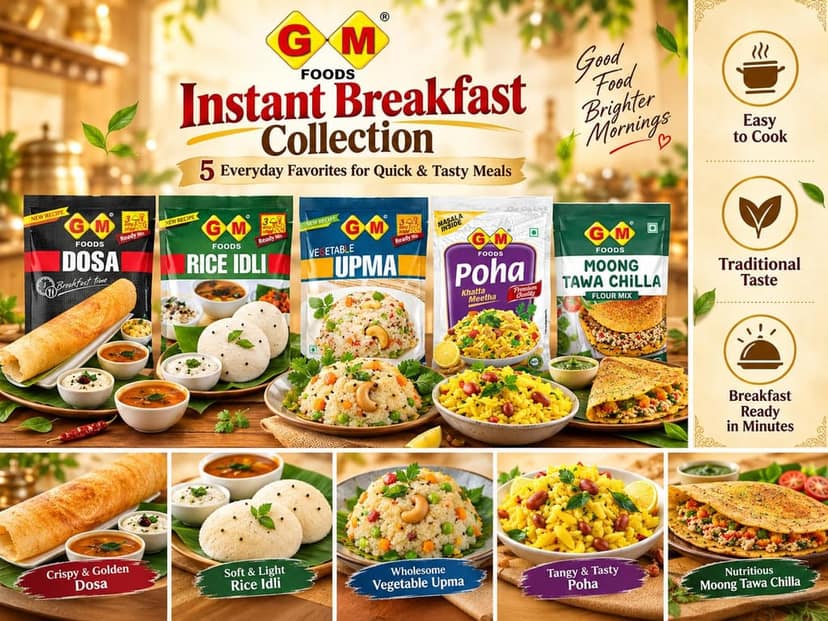 GM Foods 5-Day Breakfast Combo Pack of 5 | Dosa Mix, Rice Idli, Vegetable Upma & Moong Tawa Chilla 400g Each + Poha Khatta Meetha 500g | Ready to Cook Indian Breakfast Variety Pack | Total 2.1kg view 5