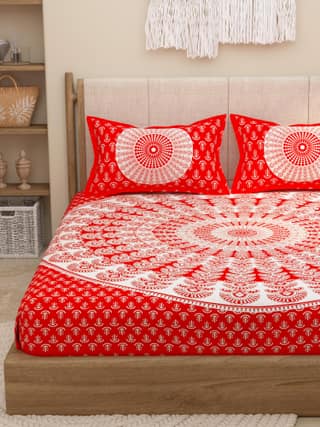 Lali Prints Red Ethnic Block Printed Cotton 130 TC Queen Bedsheet 2 Pillow Covers