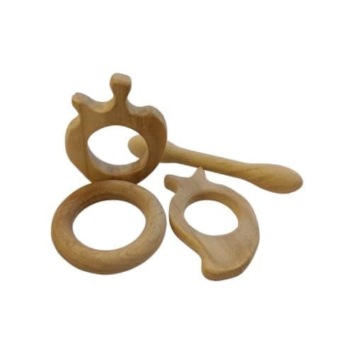Neemtoys Neem Wooden Baby Teethers Apple, Mango, Dumbbell and Ring Shapes Teether, Teething Toy for Babies with Multiple Textured Surface (Brown)