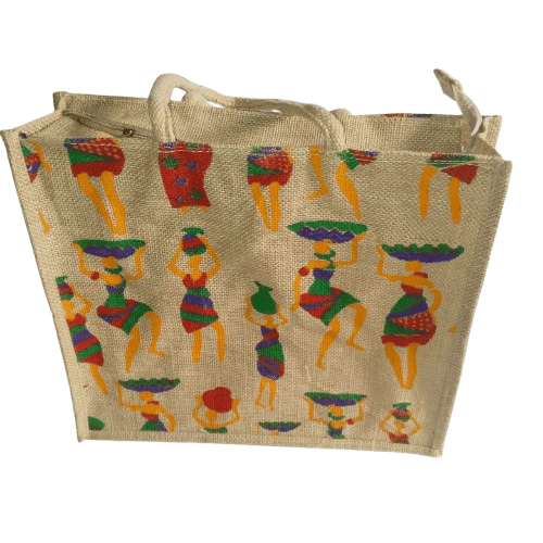 Jute Tote Bag with Colorful Tribal Art Design