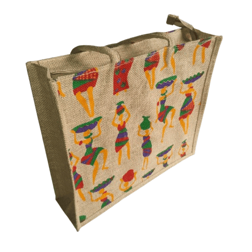 Jute Tote Bag with Colorful Tribal Art Design view 2