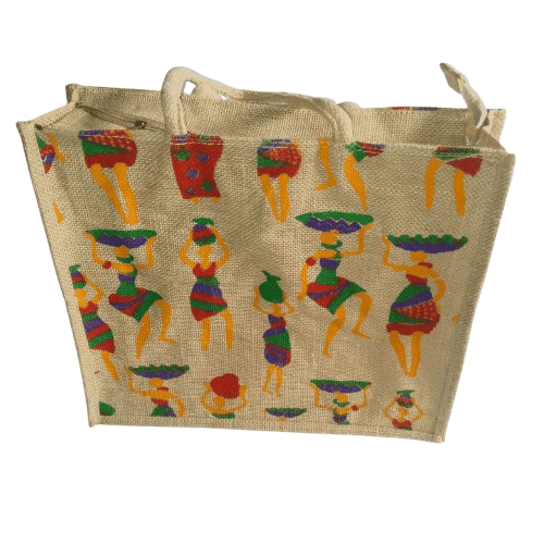 Jute Tote Bag with Colorful Tribal Art Design view 3