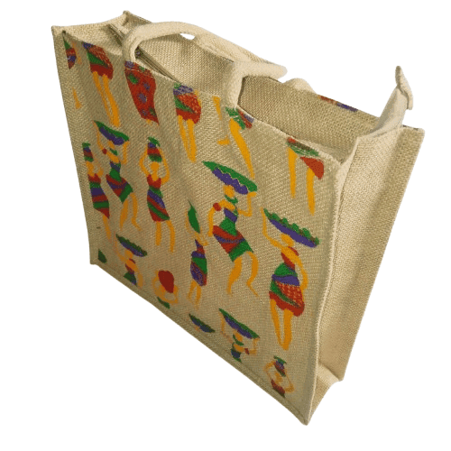 Jute Tote Bag with Colorful Tribal Art Design view 4