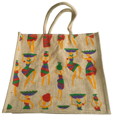 Jute Tote Bag with Colorful Tribal Art Design view 5