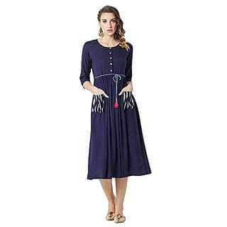 Miss Chase Womens Navy Blue Round Neck 3/4 Sleeve Belted Solid Gathered Midi Dress