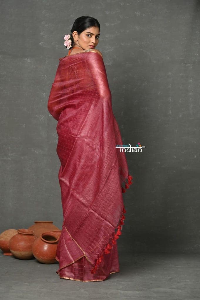 Tyohaar ~ Pure Handloom Tussar Silk Saree With Sleek Golden Border - Copper Red view 3