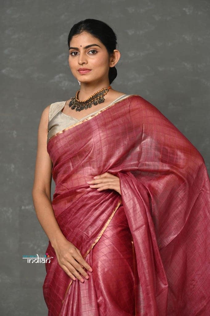Tyohaar ~ Pure Handloom Tussar Silk Saree With Sleek Golden Border - Copper Red view 4