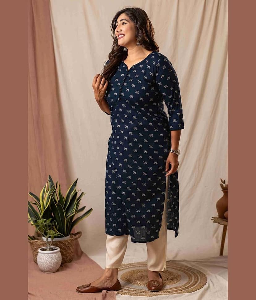 AMTHI Women Cotton Self Design A-line Kurti ( Navy Blue ) view 2