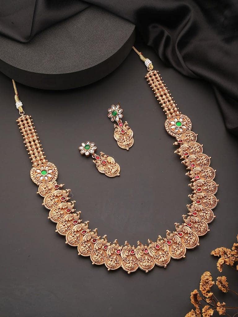Gold Plated CZ Peacock Coin Temple Jewellery Set view 2