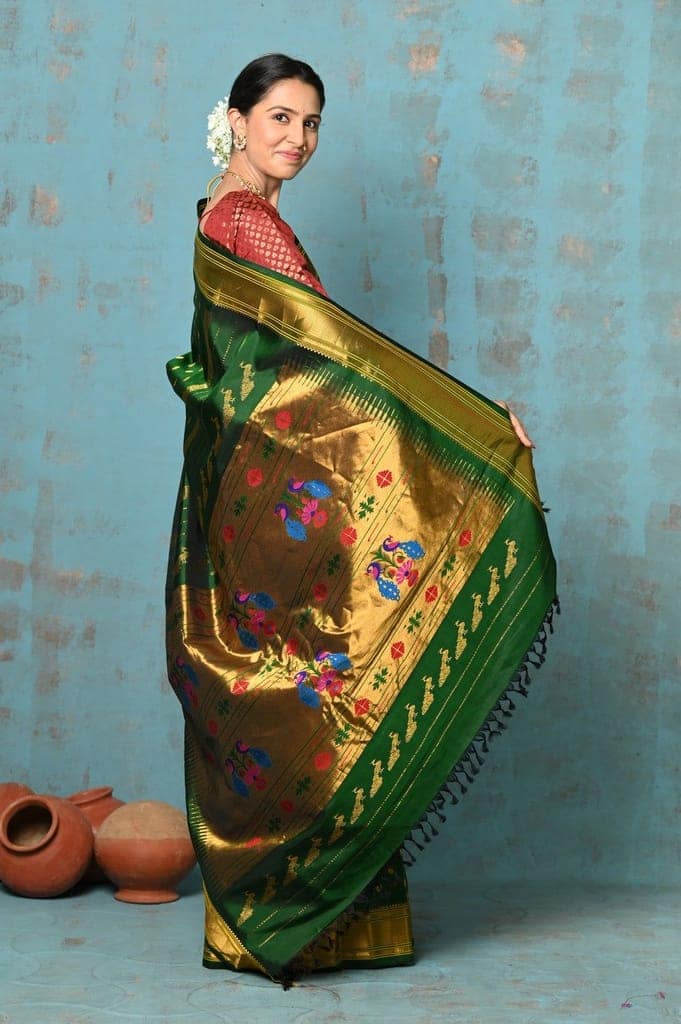 Tyohaar ~ Exclusive Handloom Pure Silk Maharani Paithani With Golden Zari Pallu~ Most Traditional Royal Green view 3