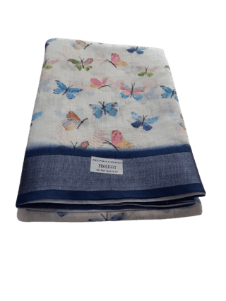 White Linen Saree With Multicolor Butterfly Print And Blue Border