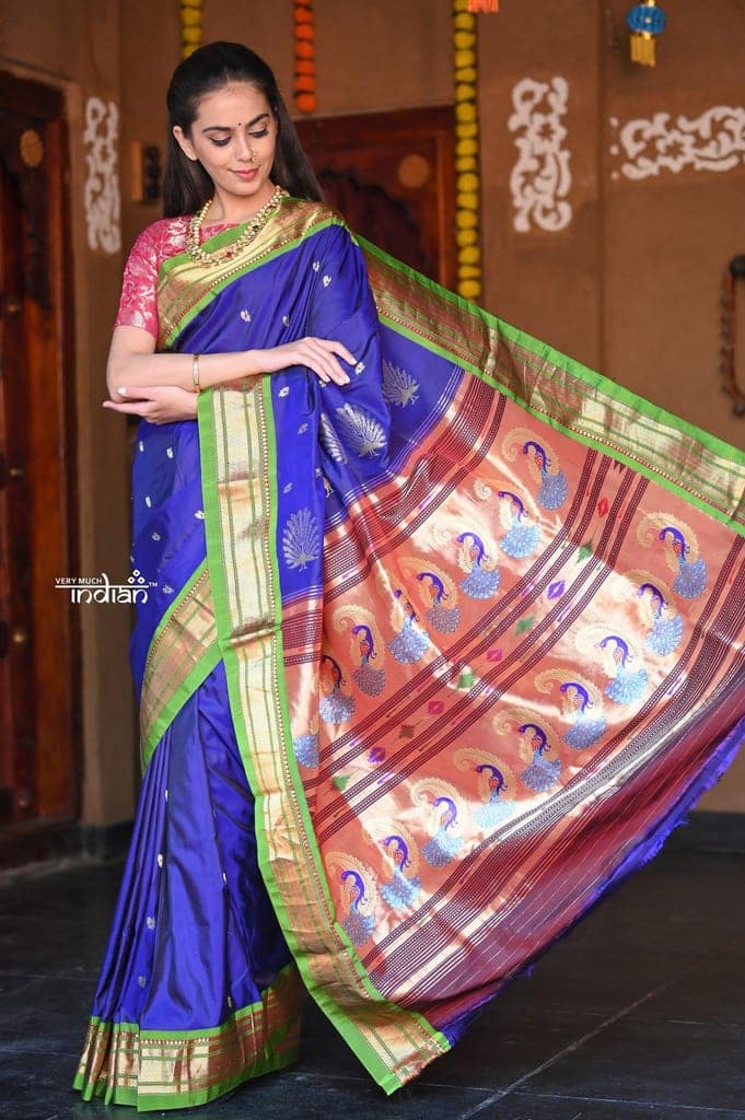 Raaga~ Traditional Handloom Pure Silk Vibrant Blue Paithani with Lime Green Border and Unique Pallu. view 2