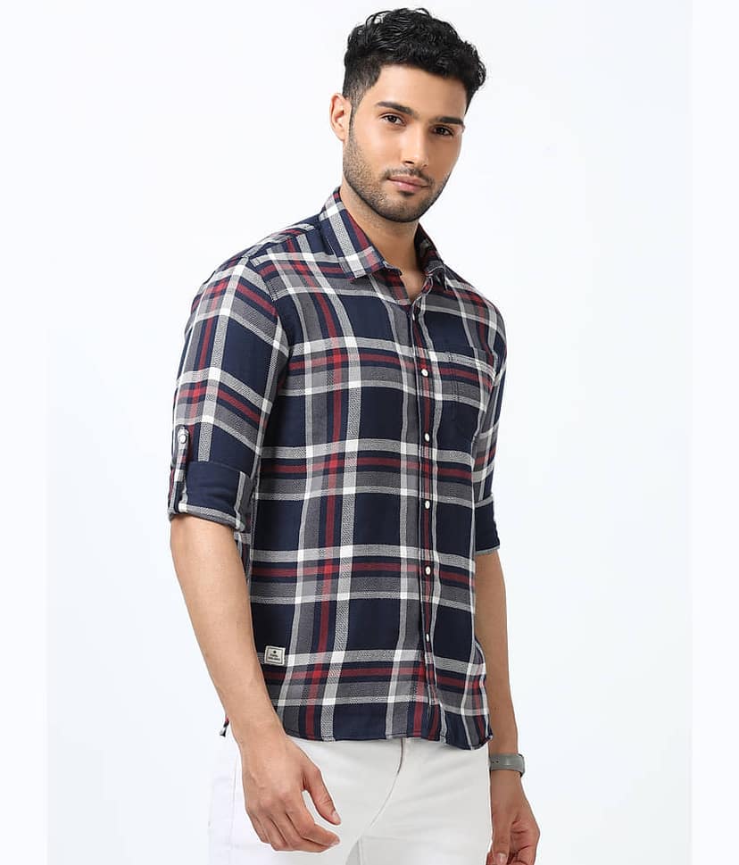 Cool Colors Cotton Blend Slim Fit Checks Full Sleeves Men's Casual Shirt - Blue ( Pack of 1 ) view 6
