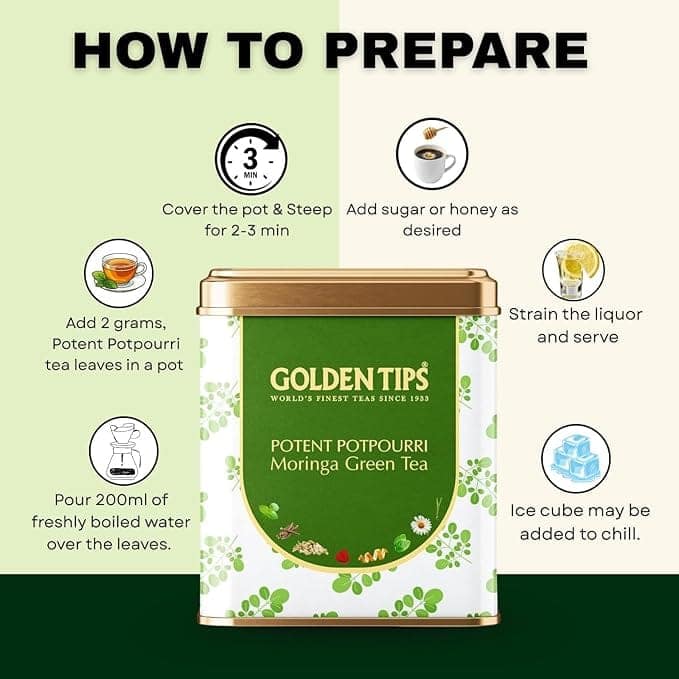 Golden Tips Whole Leaf Tea Sourced from Potent Potpourri Moringa Green Tea Teabags, Refreshing & Aromatic, Rich in Antioxidants, (200 Gram, 100 cups) view 7