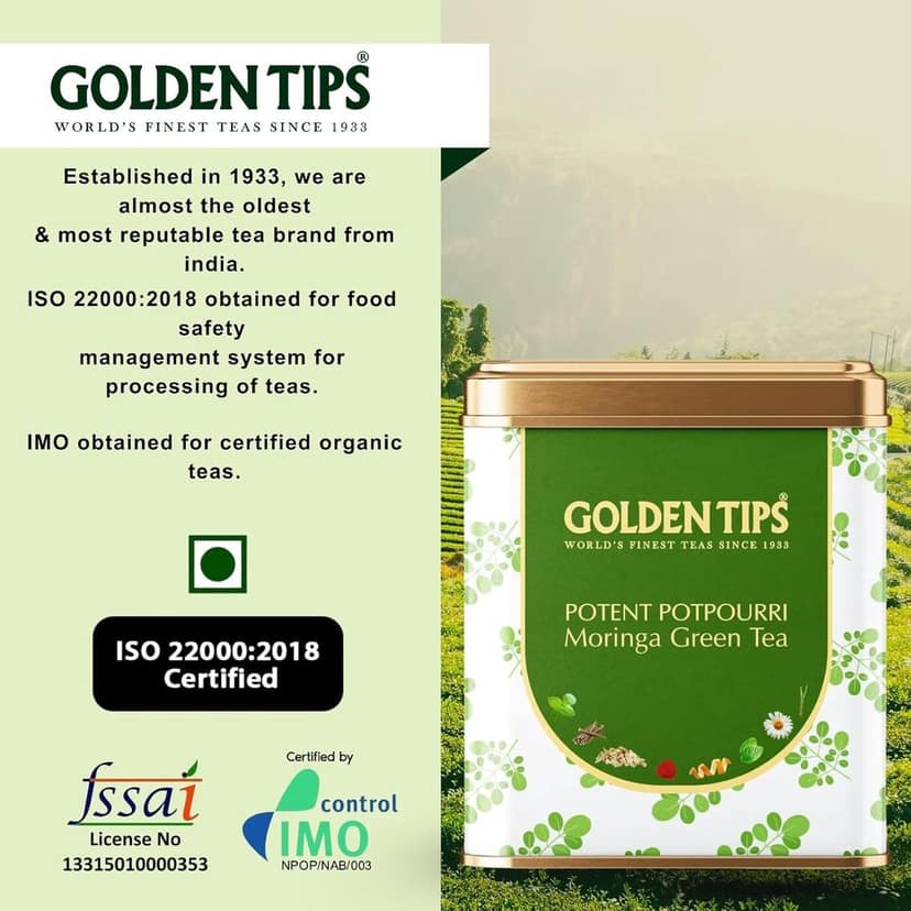 Golden Tips Whole Leaf Tea Sourced from Potent Potpourri Moringa Green Tea Teabags, Refreshing & Aromatic, Rich in Antioxidants, (200 Gram, 100 cups) view 8